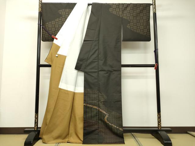 平和屋着物●本場縞大島紬　訪問着　刺繍　流水吉祥花文　正絹　逸品　DAAR4401tw 平和屋着物○本場縞大島紬 訪問着 刺繍 流水吉祥花文 正絹 逸品