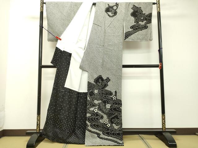 平和屋着物○訪問着 総絞り 流水草花文 黒地 正絹 逸品 DAAR4415tw