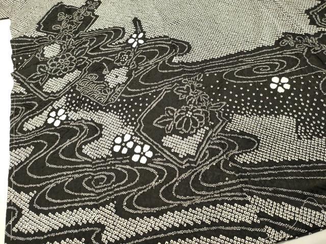 平和屋着物●訪問着　総絞り　流水草花文　黒地　正絹　逸品　DAAR4415tw 平和屋着物○訪問着 総絞り 流水草花文 黒地 正絹 逸品 DAAR4415tw