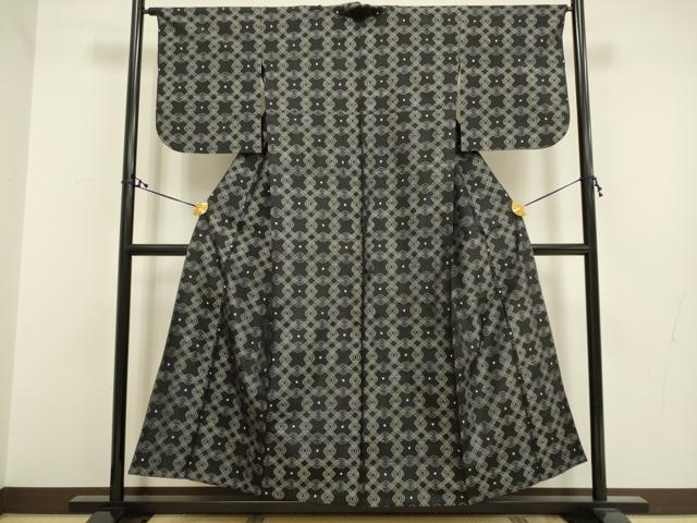 平和屋着物▽上質な紬　単衣　菱文　黒地　正絹　逸品　DAAR5497du 平和屋着物▽上質な紬 単衣 菱文 黒地 正絹 逸品 DAAR5497du