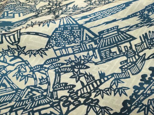 平和屋着物▽本藍 型絵染 小紋 単衣 松竹梅 風景文 正絹
