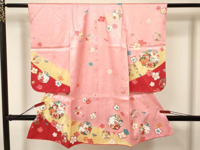 アンティーク着物長襦袢刺繍半襟セット 七五三 子供 赤 花柄 大正