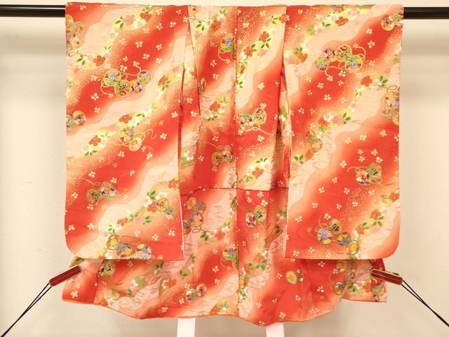 橙と水色の暈しに折り鶴、花丸文 3歳着物・長襦袢・お被布セット