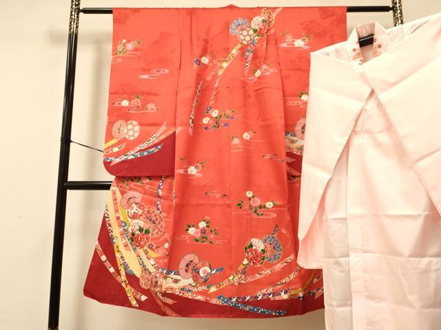 平和屋着物[]七五三　女の子　７歳　祝着　四つ身　長襦袢(半衿刺繍・無双仕立て)セット　鼓飛鶴花文　金彩　洗える着物　DAAR6512ma