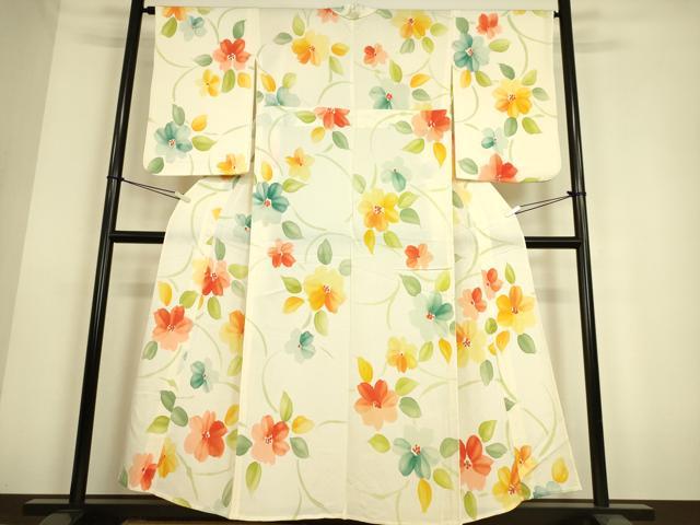 平和屋着物▽上質な小紋　単衣　草花文　手描き　鬼しぼ縮緬　正絹　逸品　DAAS0161az