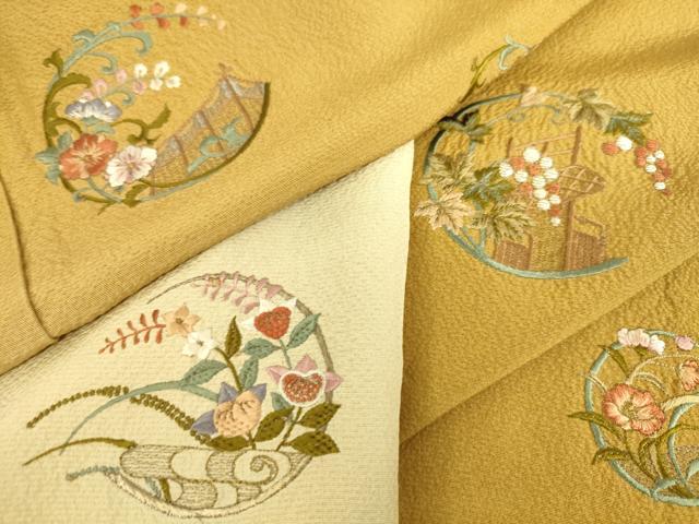 平和屋着物▽訪問着　単衣　総刺繍　花丸文　暈し染め　金糸　正絹　逸品　DAAS0267az