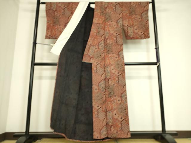 平和屋着物▽上質な小紋 単衣 亀甲花蝶文 鬼しぼ縮緬