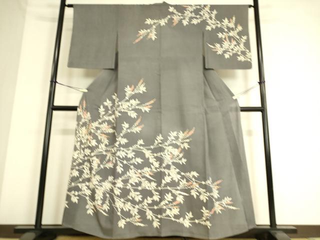 平和屋着物▽訪問着　単衣　紬地　駒刺繍　枝花文　正絹　逸品　DAAS0515az