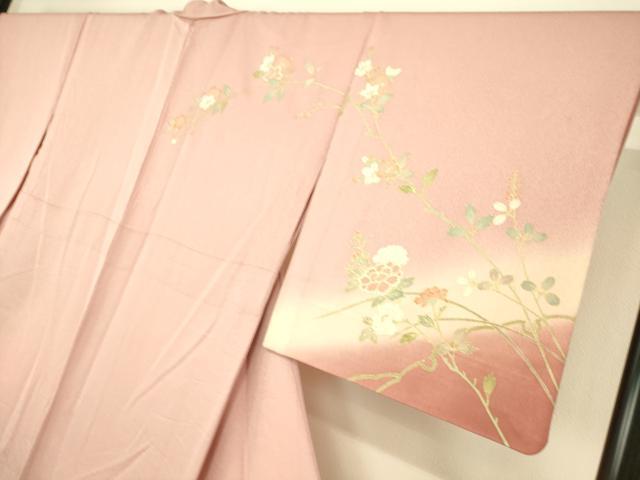 平和屋着物▽訪問着 単衣 菊牡丹文 暈し染め 金彩 正絹