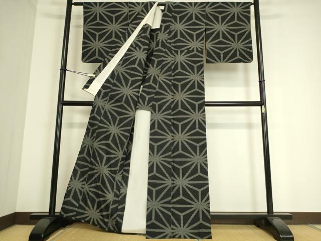 平和屋着物▽上質な紬　単衣　麻の葉文　黒地　正絹　逸品　DAAS0909az 平和屋着物▽上質な紬 単衣 麻の葉文 黒地 正絹 逸品 DAAS0909az