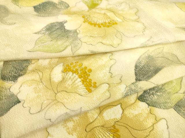 平和屋着物▽上質な小紋　単衣　草花文　手描き　鬼しぼ縮緬　正絹　逸品　DAAS0934az