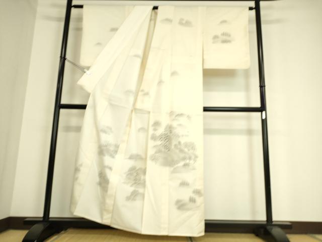 平和屋着物▽訪問着 単衣 紬地 風景山文 手描き 正絹 逸品