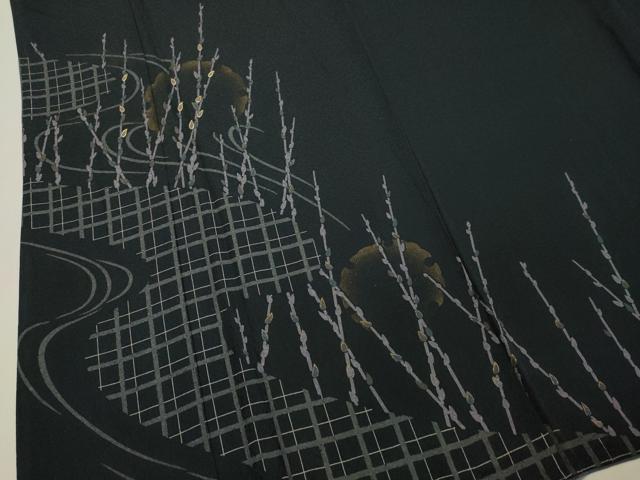 平和屋着物○訪問着 駒刺繍 流水雪輪枝蕾文 黒地 金彩 正絹