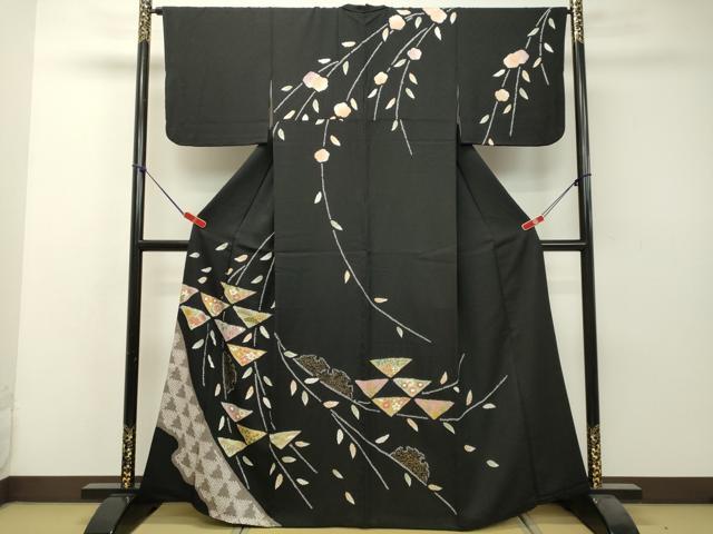 平和屋着物●訪問着　絞り　枝垂れ草花文　黒地　金彩　正絹　逸品　DAAS2141tw