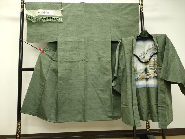 平和屋着物●男性　紬　アンサンブル　老竹色　証紙付き　正絹　逸品　未使用　DAAS2486tw