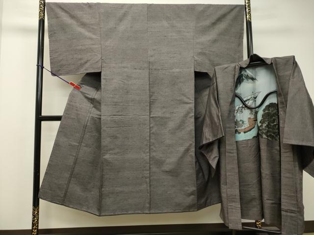 平和屋着物●男性　紬　アンサンブル　紫鼠色　正絹　逸品　未使用　DAAS2491tw