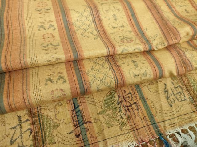 平和屋着物●小千谷　本真綿紬　草花間道　反端付き　正絹　逸品　未使用　DAAS3061ps