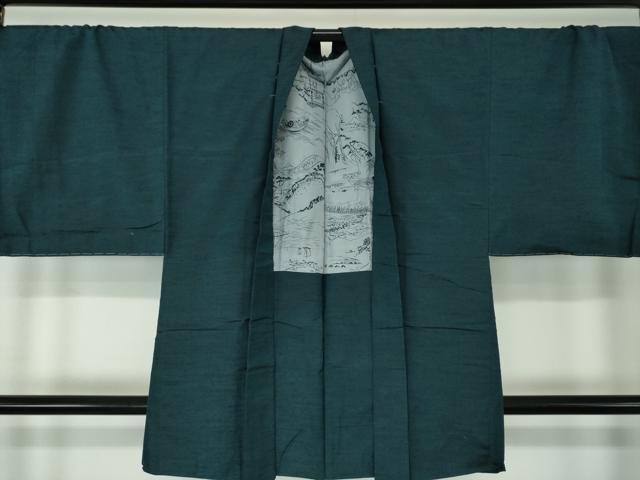 平和屋着物○男性 紬 アンサンブル 長羽織 色無地 紺地 正絹 逸品