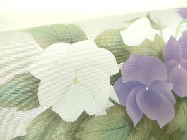 平和屋着物○塩瀬 九寸名古屋帯 手描き 草花文 銀彩 正絹 逸品