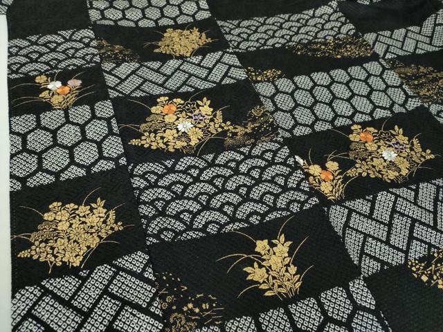 平和屋本店□極上 つけ帯 総刺繍 駒刺繍 市松花文 黒地 鬼