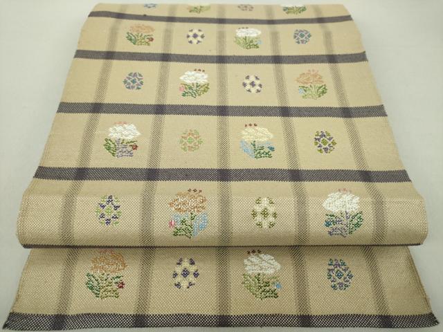 平和屋着物●八寸名古屋帯　紬地　格子花文　正絹　逸品　DAAS3175ps