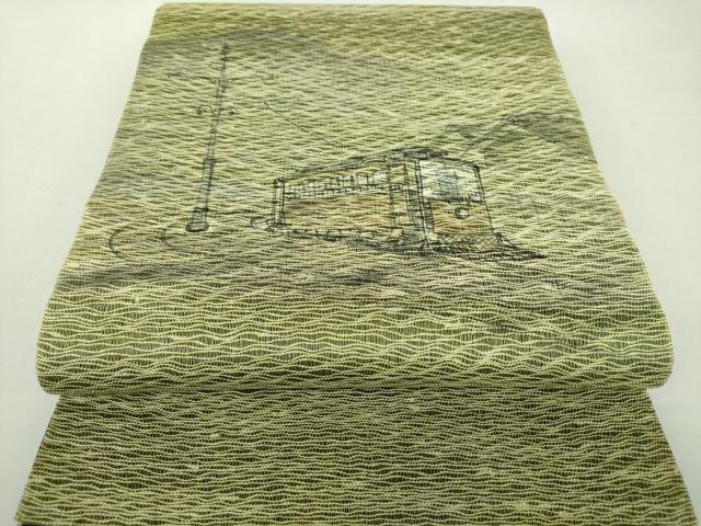 平和屋着物▽太鼓柄袋帯　作家物　スリーシーズン帯　春　夏　秋　櫛織り　手描き　路面電車　正絹　逸品　未使用　DAAS3179ps