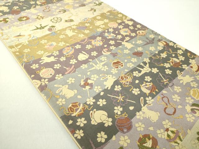 平和屋着物○全通柄袋帯 唐織 兎 折り鶴 舞桜 鈴 瓢箪 正絹