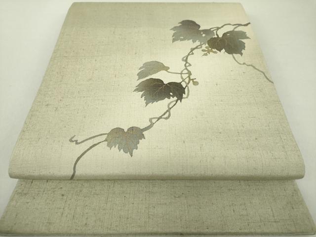 平和屋着物●太鼓柄袋帯　紬地　手描き　葡萄蔦の葉文　金彩　正絹　逸品　DAAS3190ps
