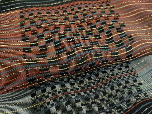 平和屋着物○六通柄袋帯 草木染 横段よろけ縞 金糸 正絹 逸品