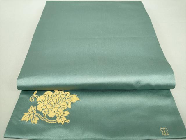 平和屋着物●西陣　川島織物　九寸開き名古屋帯　ワンポイント　牡丹文　千草色　金糸　正絹　逸品　DAAS3209ps