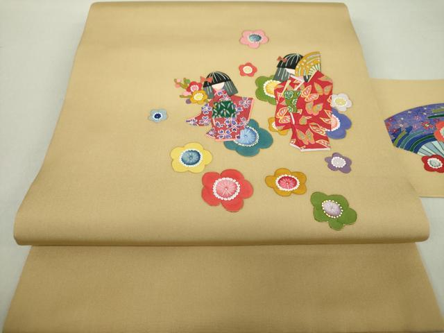 平和屋着物●塩瀬　九寸名古屋帯　手描き　童女　舞扇梅文　金彩　正絹　逸品　DAAS3217ps