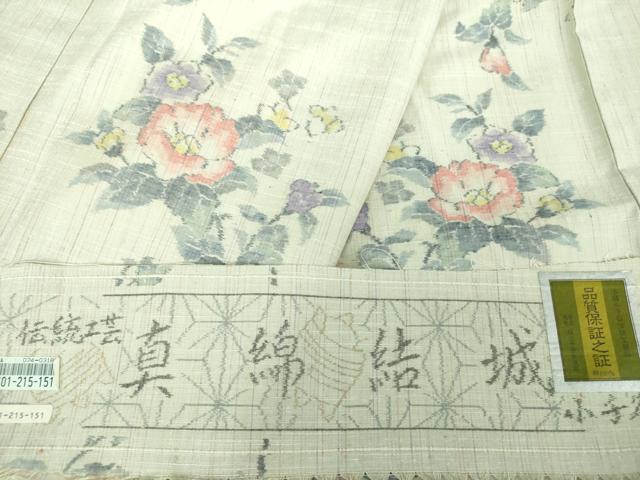 平和屋着物●真綿結城　紬　本場小千谷伝統工芸品　枝花文　証紙付き　正絹　逸品　DAAS3447ps