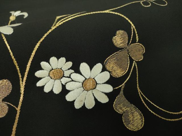 平和屋着物○塩瀬 九寸名古屋帯 総刺繍 花唐草文 黒地 金糸