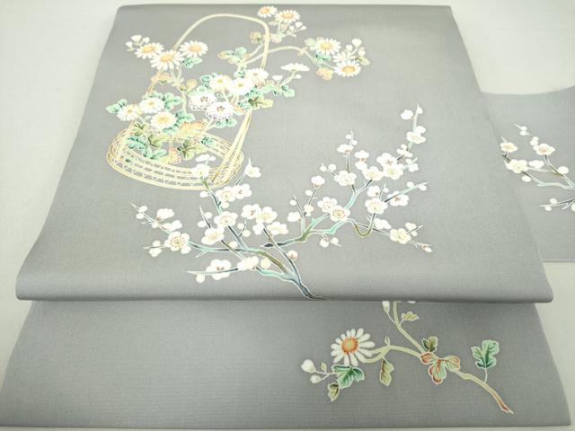 平和屋着物○九寸名古屋帯 唐織 花篭売りの声 黒地 金糸 正絹 逸品