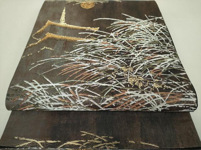 平和屋着物●六通柄袋帯　風景花文　満月　金銀糸　引箔　正絹　逸品　DAAS3575ps