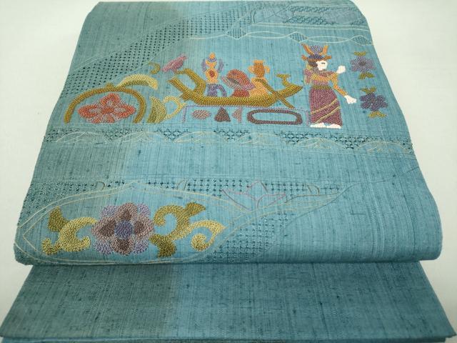 平和屋着物●中国三大刺繍　スワトウ相良刺繍　汕頭相良刺繍　総刺繍　太鼓柄袋帯　紬地　壁画文様　正絹　逸品　未使用　DAAS3580ps