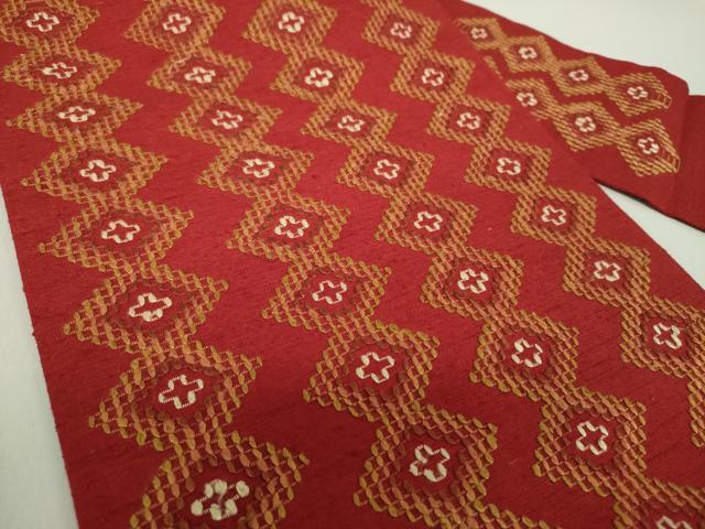 平和屋着物●極上　本場琉球　読谷山花織　紬地　九寸名古屋帯　手織　菱間道　喜友名トミ作　証紙付き　正絹　逸品　DAAS3583ps 平和屋着物○極上 本場琉球 読谷山花織 紬地 九寸名古屋帯 手織