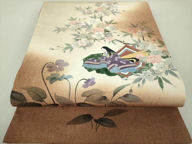 平和屋着物●太鼓柄袋帯　紬地　手描き　人物風景花文　金彩　正絹　逸品　DAAS3586ps