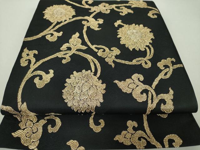 平和屋着物●六通柄　本袋帯　牡丹唐草　黒地　金糸　正絹　逸品　未使用　DAAS3613ps