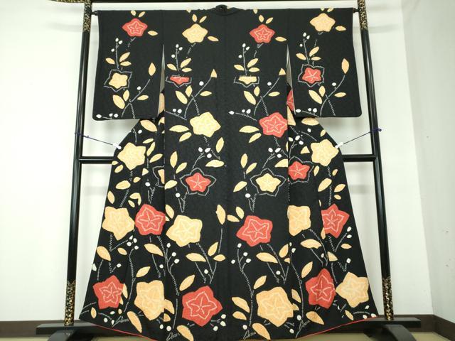 平和屋着物●訪問着　総絞り　楓文　黒地　正絹　逸品　DAAS3693ps