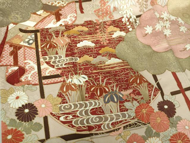 平和屋着物●訪問着　駒刺繍　誰が袖花文　花筏　金彩　正絹　逸品　DAAS3783ps 平和屋着物○訪問着 駒刺繍 誰が袖花文 花筏 金彩 正絹