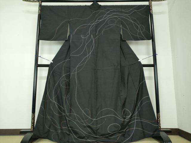 平和屋着物●訪問着　紬地　刺し子　総刺繍　曲線　黒地　鈴乃屋扱い　正絹　逸品　DAAS3928ps