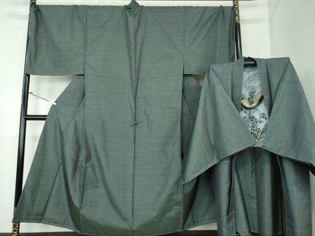 平和屋着物▽男性 紬 単衣 アンサンブル 色無地 鉄黒色 正絹 逸品  