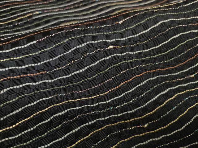 平和屋着物●袋帯　帯反物　市楽波筬織　草木染　スレット　紙布　ムラ染　よろけ縞　黒地　逸品　未使用　DAAS6574zzz 平和屋着物○袋帯 帯反物 市楽波筬織 草木染 スレット 紙布