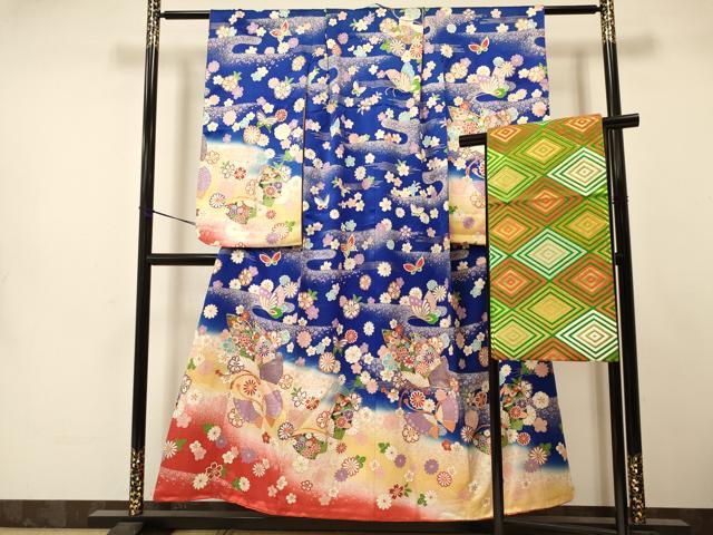 平和屋着物∵女の子　十三参り　子供　祝着・袋帯セット　駒刺繍　花蝶文　暈し染め　金彩　逸品　DAAS9066ma