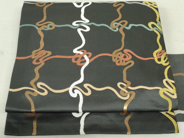 平和屋着物●九寸名古屋帯　変わり格子　金糸　正絹　逸品　DAAT0142ob