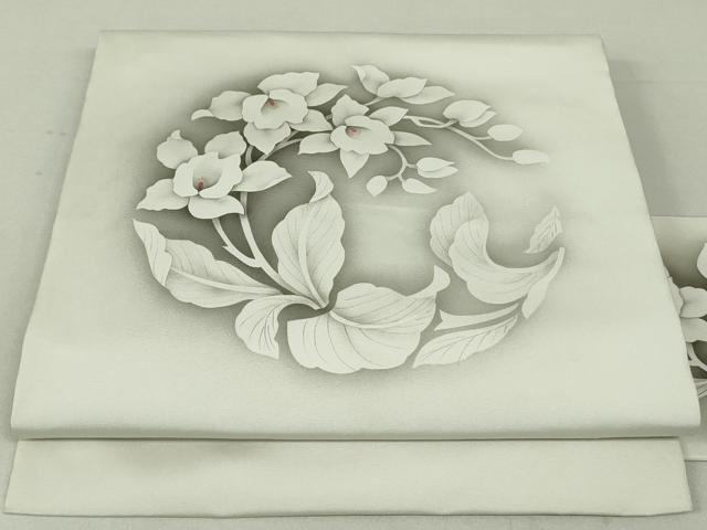 塩瀬 九寸名古屋帯 作家物 草花文 正絹 名古屋帯 正絹 塩瀬 手描きの