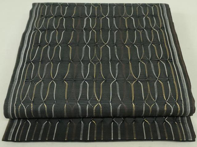 平和屋着物●六通柄袋帯　間道　黒地　金糸　正絹　逸品　DAAT0268ob