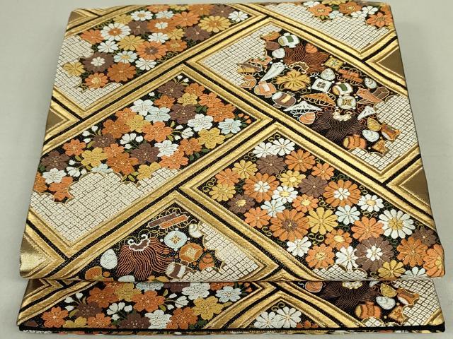 平和屋着物●西陣　河合美術織物謹製　六通柄袋帯　唐織　檜垣宝尽くし花文　黒地　金糸　正絹　逸品　DAAT0277ob