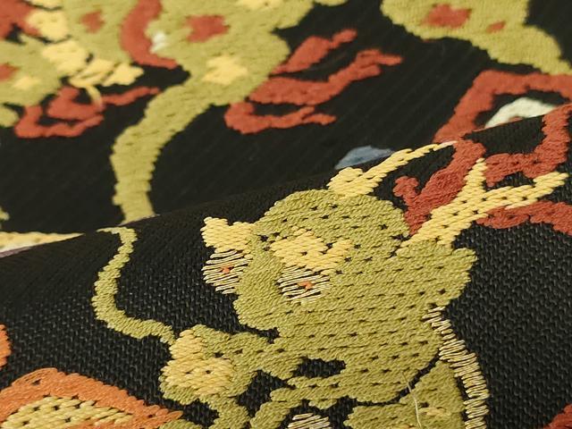 平和屋着物アンティーク 大正ロマン 九寸名古屋帯 手描き 草花文 黒地